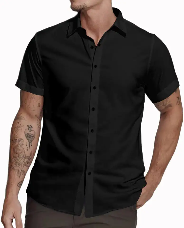 Mens Short Sleeve Dress Shirts Stretch Casual Button Down Shirts Solid Regular Fit Formal Shirt