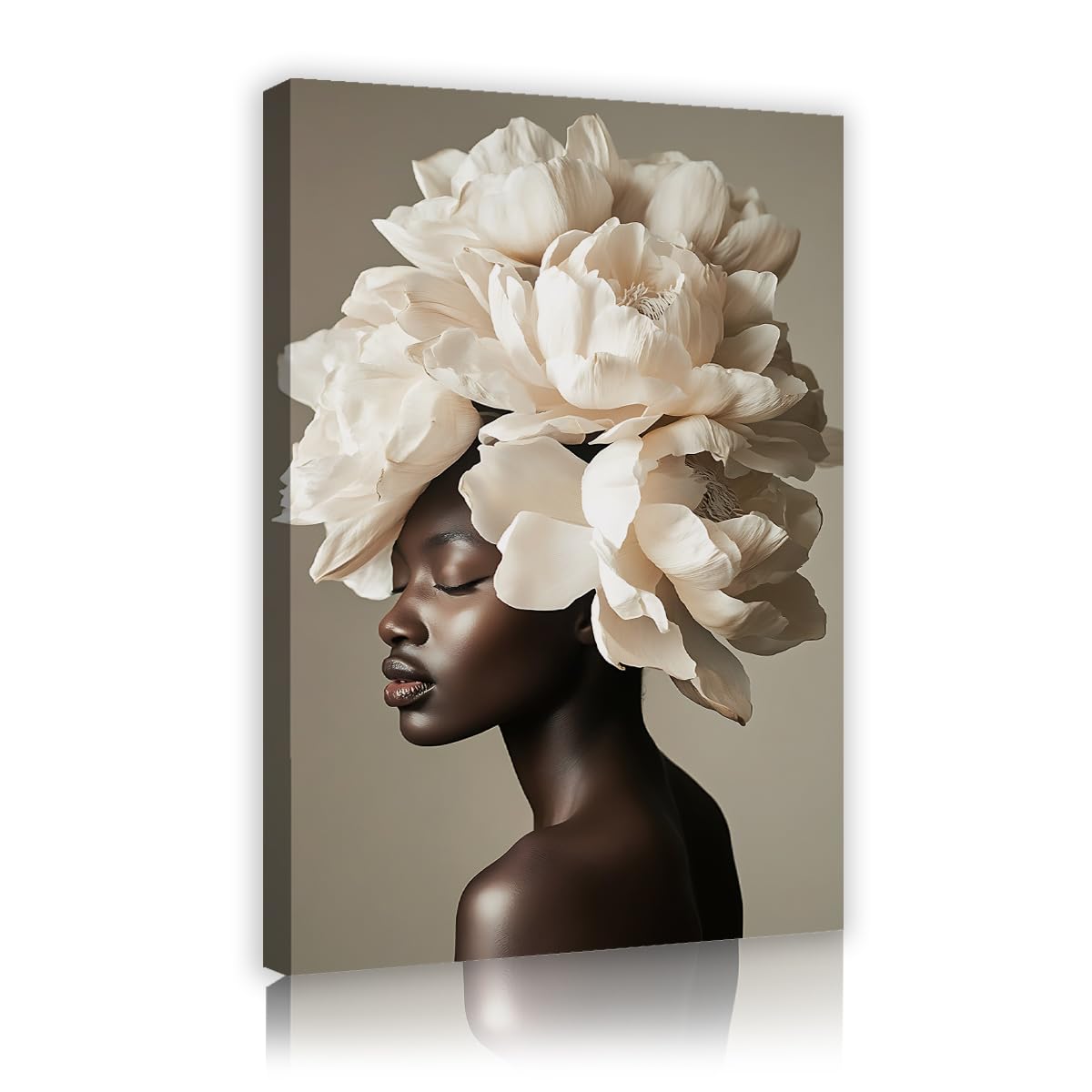 CHERHERART Picture Surreal Floral Portrait Fine Canvas Wall Art Black Woman White Flower Poster Canvas Prints for Bedroom Gallery Wall Decor 70x110cm Innerframe