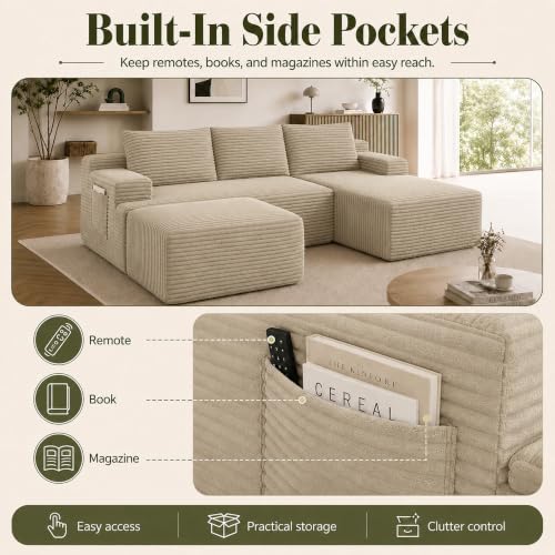Image of Boneless Couch, Modular Sectional Couches for Living Room, U-Shaped Cloud Couch Sofa with Deep Seat, Fluffy Corduroy Upholstered Corner Sofa