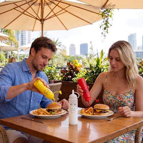 Image of 30 Pack 8 oz Condiment Squeeze Bottles Bulk Ketchup and Mustard Squeeze Bottles with Leak-proof Cap Smile Face Plastic Ketchup Dispenser Set for Kitchen Restaurant BBQ Grill Syrup Oil Salad Sauces