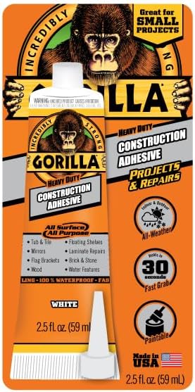 Gorilla Heavy Duty Construction Adhesive, 2.5 ounce Squeeze Tube, White, (Pack of 6)
