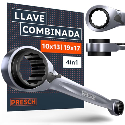 PRESCH Llave carraca doble 4 en 1 (10/13mm y 19/17mm) – Función de reversible – Con 90 dientes y ángulo de retroceso de 4° – 4 tamaños en una sola llave de carraca   Extremadamente resistente