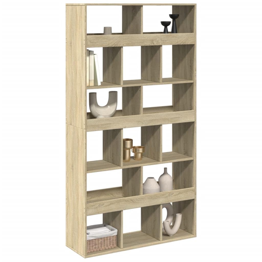 Sonoma Oak Engineered Wood Room Divider Bookshelf | Features 15 open compartments measuring 100x33x187.5 cm, ideal for living room and office storage.