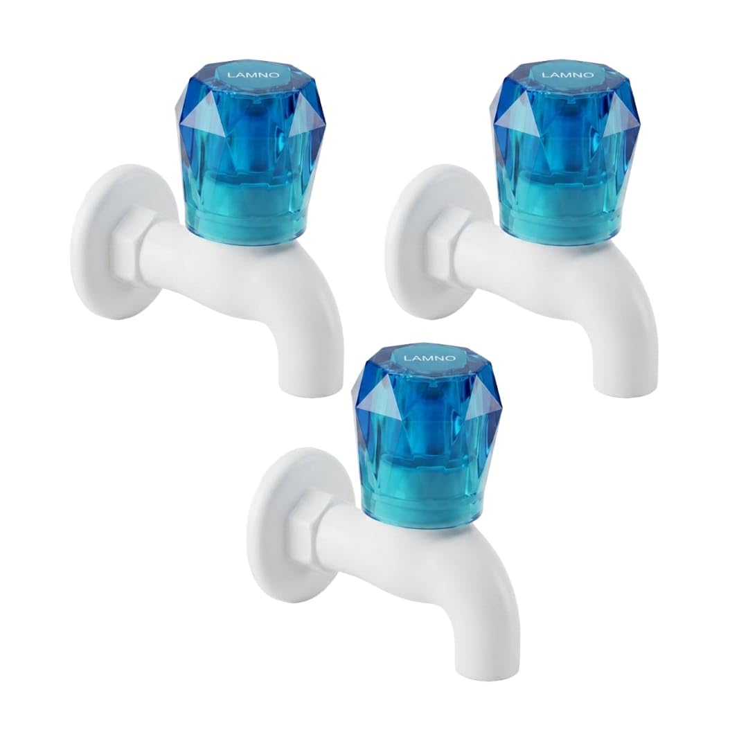 Bib Tap with Blue Handle, White Finish, Wall Mount, 3 Pack, Installation Hardware Included-image-2