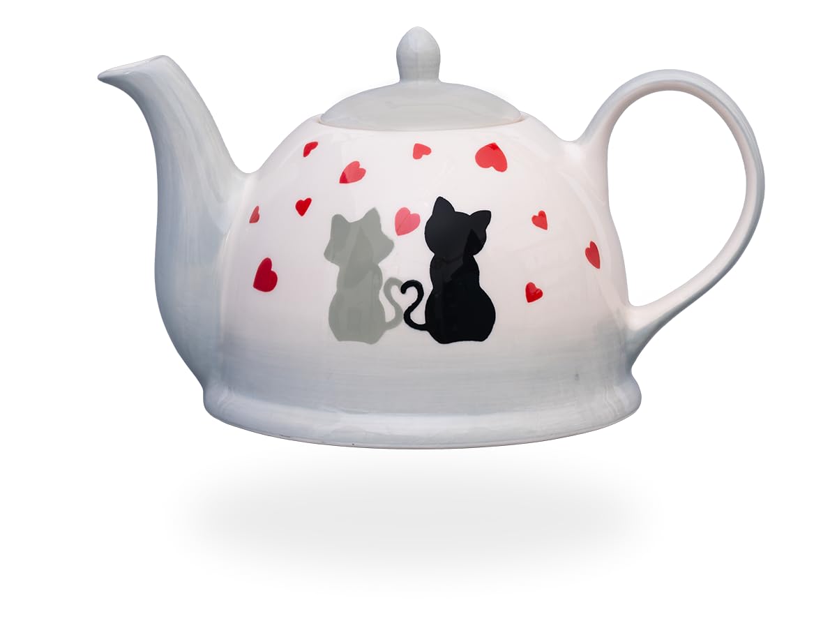 Teeset, Teeservice, Teekanne 1,5l aus Keramik mit Stövchen aus Metall und 2 Teetassen, "Cats in Love", Geschenkidee für Katzenliebhaber, handbemalt