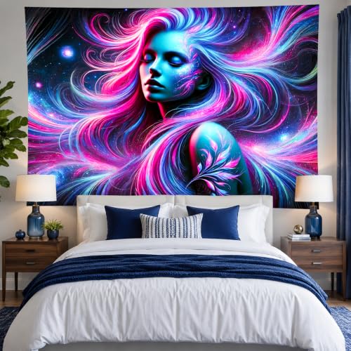 Image of BlissYard Blacklight Tapestry Girl 78x59 Inch Blacklight Cool Girl Art Tapestry for Bedroom Glow In The Dark UV Reactive Black Light Tapestries Posters Wall Hanging Hone Room Party Decor