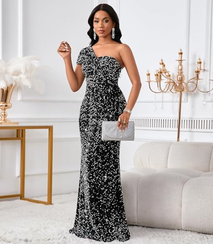 Image of Cololura Women Sexy Sequin One Shoulder Mermaid Formal Party Cocktail Gowns Bodycon Evening Maxi Dress