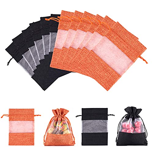 Organza Small Gift Bags Goodie-Bags - 5x7 Inch Party Favor Drawstring Burlap Bags with Organza Window,Halloween Candy Bags,Treat Bags,Small Drawstring Favor Bags (6 Black + 6 Orange)