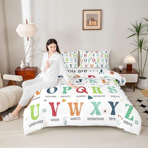 Image of Feelyou ABC Alphabet Bedding Set Queen Size, Learning Educational Comforter Cute Cartoon Funny Positive Words Comforter Set for Kids Toddler Educational Duvet Set Durable Bed Set 3Pcs