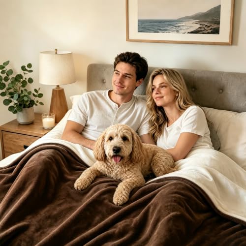 Image of LOOBANI Waterproof Blanket for Bed Intimacy King Size 85 inchx108 inch, Coffee | Double-Side Leak-proof Cozy Flannel, Reversible, Stain-Proof Cover for Rest Movie Time, Furniture Protection, Large Dogs,