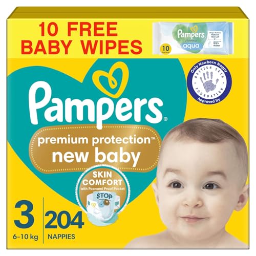 Pampers Premium Protection New Baby Size 3, 204 Nappies, 6kg-10kg, Monthly Pack + Pampers Harmonie Aqua Baby Wipes 10 Count, Double Protection - Skin Comfort - Ultra-Soft Materials