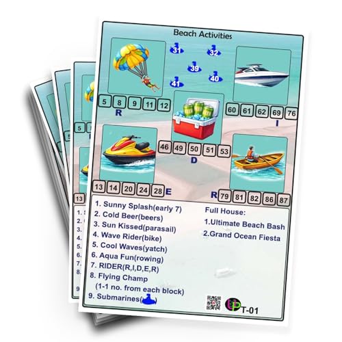 Image of Summer Theme Tambola Tickets - Beach Activities | English | Bingo Housie Game Cards for Kitty Party, Friends & Family Gatherings (Set of 15 Tickets)