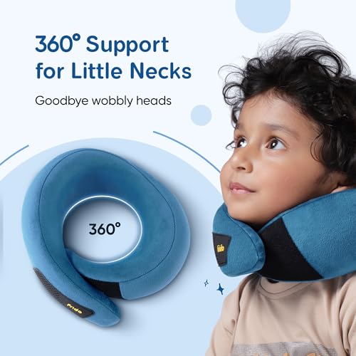 Image of Frido Kids Memory Foam Travel Neck Pillow with Travel Pouch | 360 Chin & Neck Support for Comfortable Sleep | Adjustable Velcro Straps | Ideal for Car, Flight & Road Trips | Sapphire Blue