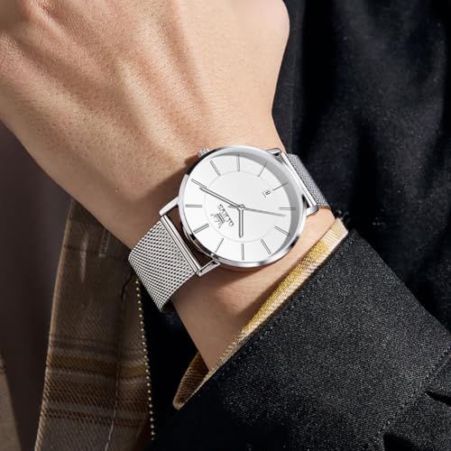 Image of OLEVS Men Leather Watches Black Ultra Thin 6.5mm Minimalist Dress Fashion Simple Casual Waterproof Date Watch for Men