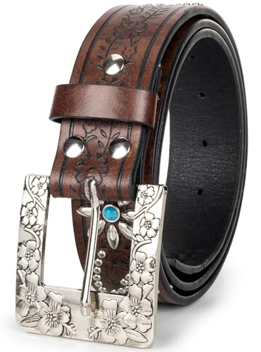 Western-Belts for Women Floral-Turquoise - Cowboy-Cowgirl Embossed PU-Leather-Belt with Flower-Buckle(for 28-38'')3