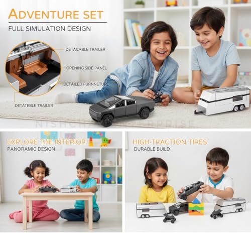 Image of Tesla Cybertruck Diecast Car 1:32 Scale | Metal Alloy Pickup Truck with Trailer, Sound & Light | Pull-Back Off-Road Toy Vehicle for Kids【Grey- Colour】