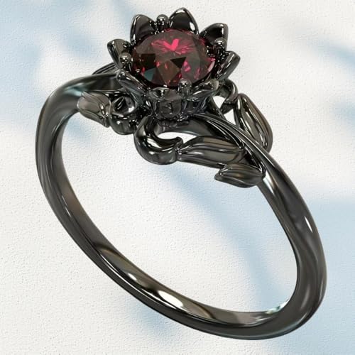 Cubic Zirconia Rings For Women, Gothic Ring Black Flower Crystal Stackable Trendy Floral Eternity Travel Engagement Statement Wedding Birthday Jewelry Gift2