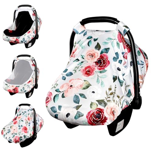 Image of CARUILI Car Seat Cover for Baby Girls & Boys, Breathable Infant Car Seat Cover with Mesh Window, Rose Floral