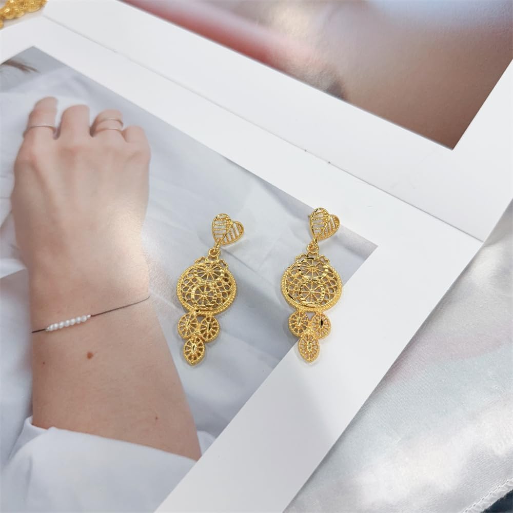Kundan Indian Jewelry Set for Women Gold-Tone Plated Fashion Hollow Design Layered Choker Necklace Love Heart Shaped Dangle Drop Earring Bollywood Ethnic Bride Wedding Wear Exaggerated Luxurious Jewelry