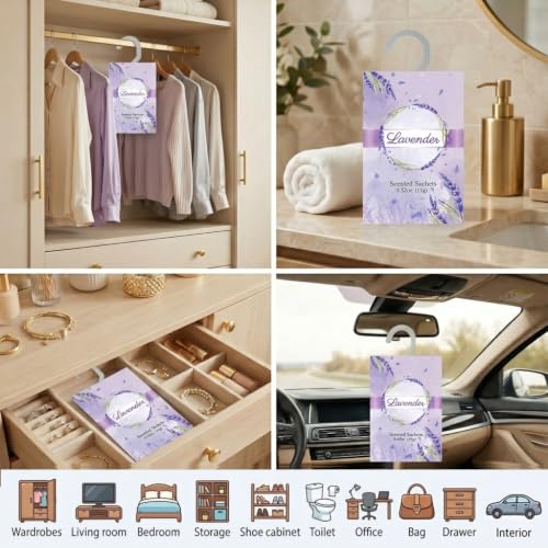 Image of 12 Packs Lavender Scented Sachets for Closets and Drawers - Natural Lavender Essential Oil Hanging Bags with Retractable Hook - Ideal for Lingerie, Silk Sheets, Bedding & Nightwear Care