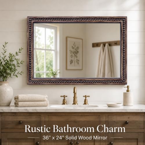 Image of Wooden Bathroom Wall Mirror,Solid Frame Vanity Mirror,36x24x1.25 inch Burnt