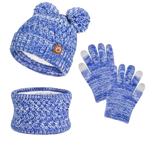 Image of Kids Winter Hat Gloves Scarf Set,Toddler Girls Winter Hat Kids Beanie with Pom Neck Warmer Gaiter Mittens Fleece Lined Set