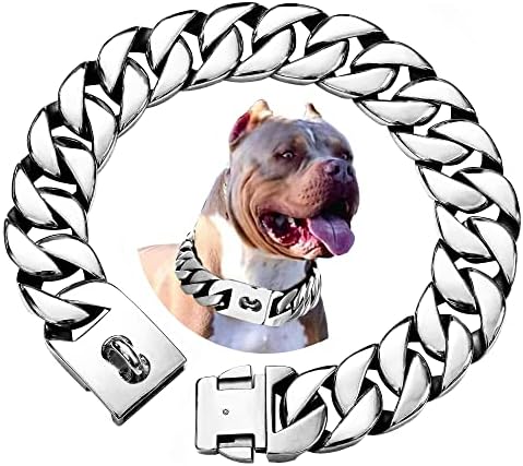 txprodogchains Big Dog Chain Collar with Buckle Strong Heavy Duty 32MM Thick Wide Stainless Steel Metal Cuban Link Chain Collar for Large Dogs