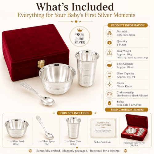Image of 98% Pure Silver Baby Feeding Set | 3-Piece Silver Bowl, Spoon & Glass Tumbler | Ideal Gift for Baby Shower, Annaprashan, Naming Ceremony, Newborn, Housewarming & Diwali