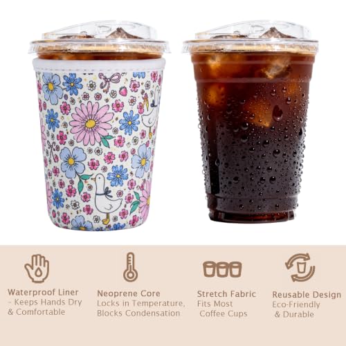 Image of Reusable Insulated Sleeve for Iced Coffee Cup, Coffee Neoprene Sleeve for Cold & Hot Drinks, Beverage Holder for Iced Coffee (Daisy Geese, Small: 16-18oz)