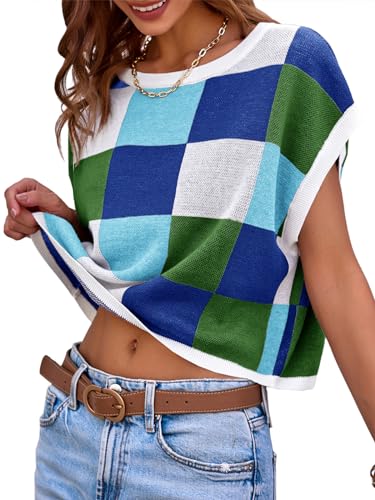 Image of Saodimallsu Womens Cap Sleeve Crop Tops Summer Color Block Going Out Crew Neck Knit Trendy Casual Sweater