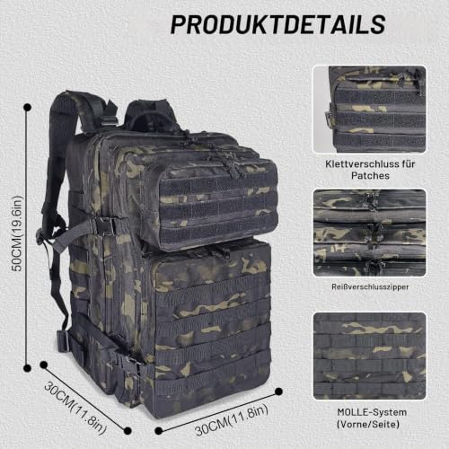 Militär Rucksack Herren,45L Groß Rucksack Wasserdicht Outdoor Assault Survival Wanderrucksack Herren… – Ansicht 2