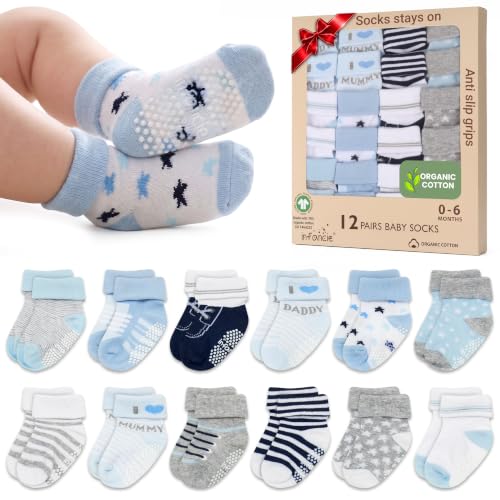 Image of GOTS Organic Cotton Blend 12 infant socks with Grip 0-6 M Boy Non Slip Gift | Oeko-Tex Certified, Baby Socks, 12 Pairs, Organic Cotton Socks For Boys, Newborn Baby Socks, Blue, For Baby Boys, 0-6 Month