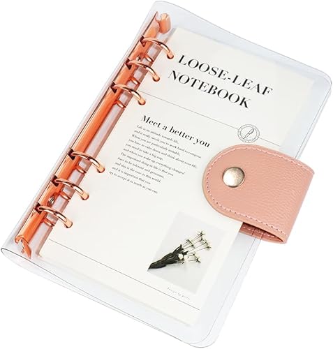 Carpeta transparente A6 con 6 anillas, cubierta de PVC suave, anillo redondo de oro rosa, botón a presión, protector de cuaderno recargable con 90