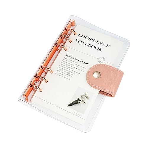 Clear A6 Binder 6-Ring Soft PVC Cover Binders Rose Gold Round Ring PU Leather Snap Button Refillable Notebook Protector with 90 Sheets Lined Paper Budget Planner Folders (A6)