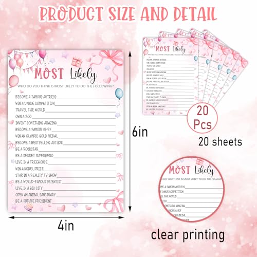 Image of Pink Slumber Party Games Card - Sleepover Stuff - Coquette Pink Bow Themed Sleepover Slumber Party Supplies -Birthday Night Games Creative Idea -Most Likely- 20 Game Cards