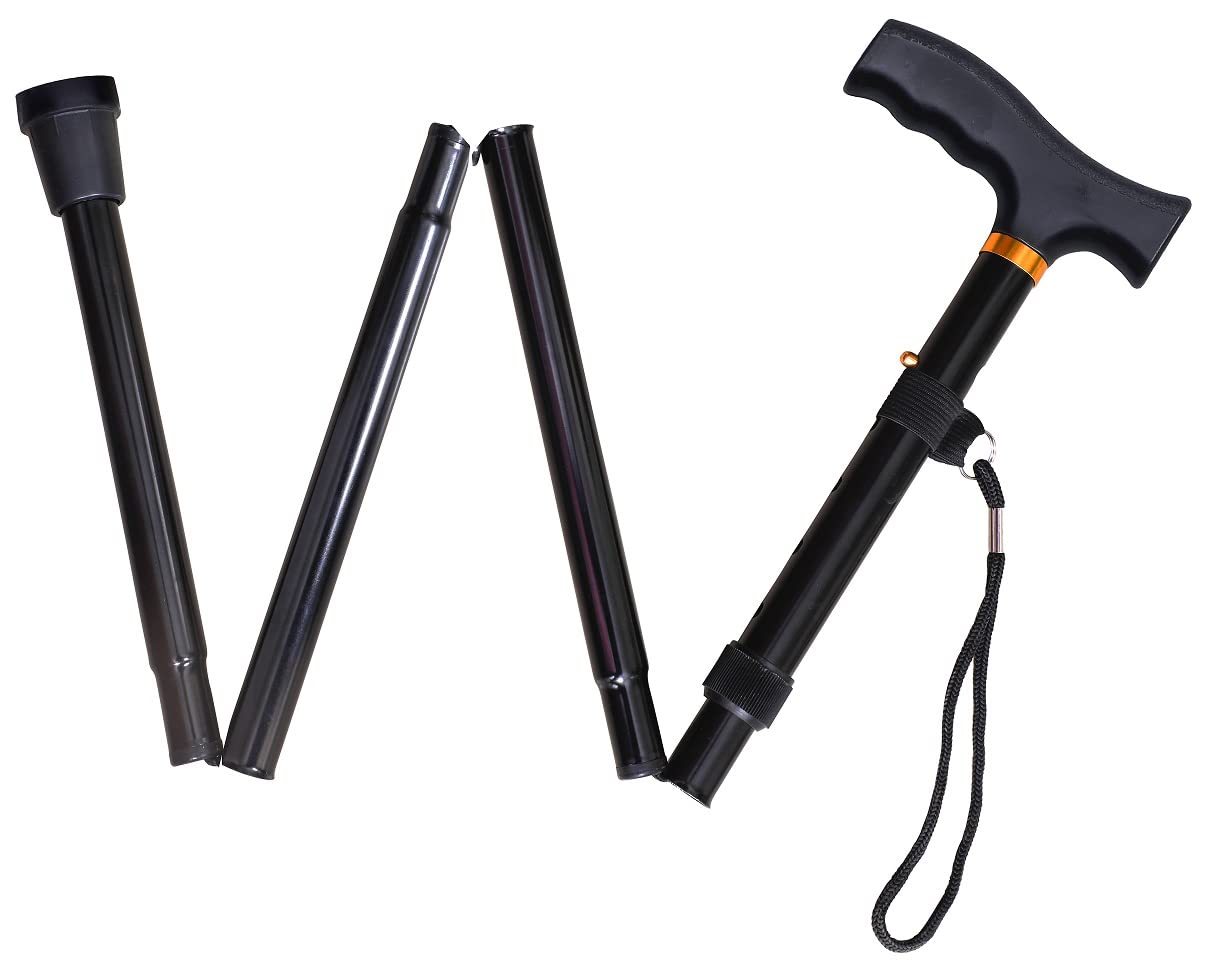 Dr Yonimed Walking Stick Single Leg Folding Height Adjustable Black Folding Canes 4 Fold Section Folding Crutch