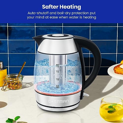 Chefman Glass Electric Kettle for Boiling Water, 1.8L 1500W, with Tea Infuser, Keep Warm Function, Auto Shut Off, Boil-Dry Protection, BPA Free, Hot Water Boiler, Electric Tea Kettle - Stainless Steel - image 7