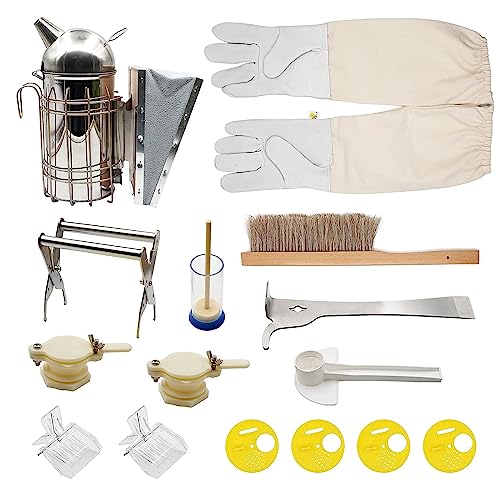 MOGOULUA 15-teiliges professionelles Bienenzuchtwerkzeug-Set für Imkerei, Anfänger, Bienenstöcke, Smoker, Bienenpinsel, Bienenmarkierungswerkzeug, Bienenstöcke, Zubehör