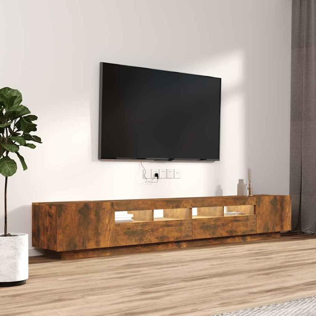 Mueble bajo en roble ahumado, 100/80 x 35 x 40 cm, material de madera con LED RGB para TV, mueble moderno con espacio de almacenamiento para salón, oficina o pasillo