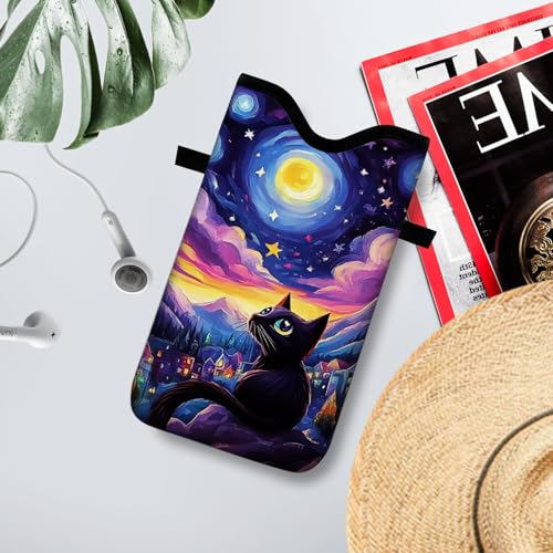 Image of Neoprene Cell Phone Sleeve Pouch Case Bag with Crossbody Strap Neck Lanyard for Women 7.1 X 3.9 in Sky Cat