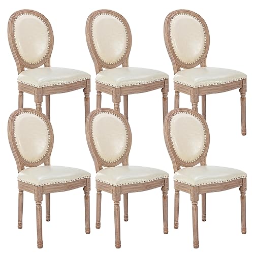 Image of Virabit French Country Dining Chairs Set of 6, Leather Dining Chairs with Curved Backrest, Vintage French Accent Chairs for Living Room, Kitchen, Restaurant (Beige)