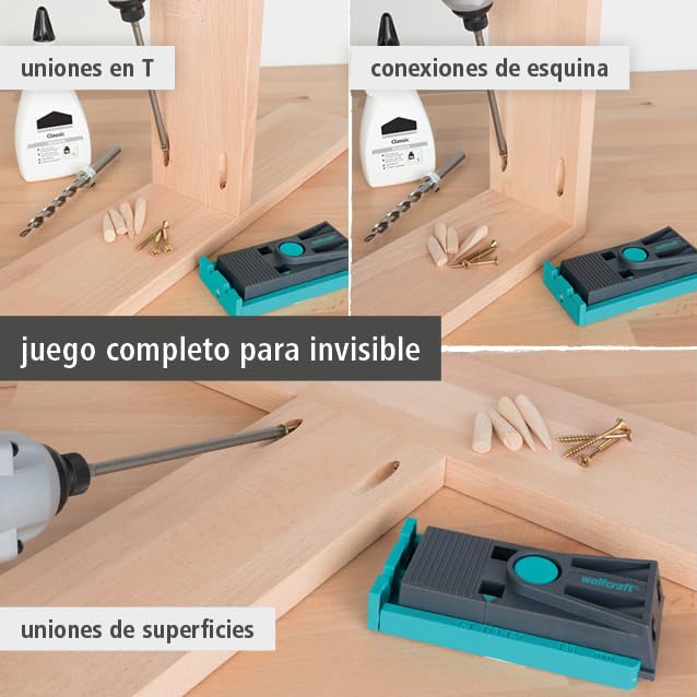 wolfcraft Juego Undercover-Jig PZ, 55 piezas I 4642000 I Juego con todo lo necesario para taladrar y atornillar ensamblajes de madera invisibles en solo tres pasos I Perfecto para montaje de muebles