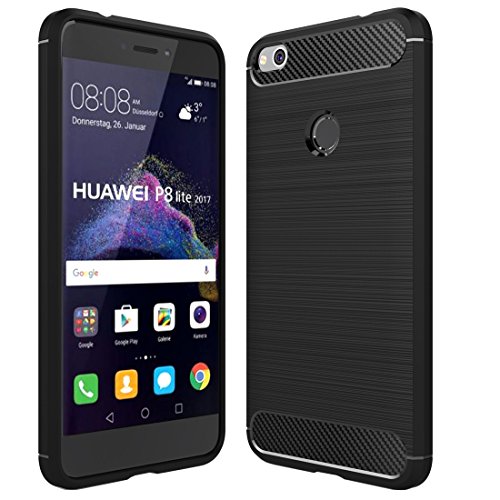 COMPATIBILE Custodia HUAWEI P8 LITE (2017) PRA-LX1 PRA-LX2; PRA-LX1; PRA-LX3 / P9 LITE (2017) Copertura Cover Case Slim Gel Silicone matte carbon Morbida TPU + Pellicola Vetro TEMPERATO (nero)