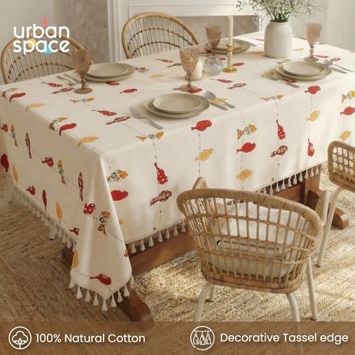 Image of Urban Space 100% Cotton Square Dining Table Cover, Printed Anti Skid Table Cloth for Dining /Center Table, for Upto 4 ft x 4 ft Table (Size - 48 inch x 48 inch - Square, Humming Bird Red)