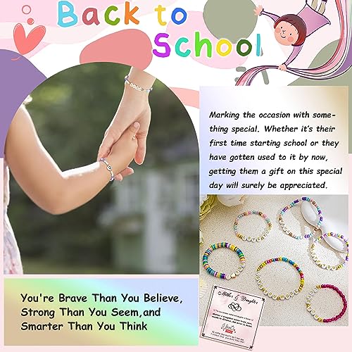 First Day of School Gifts Matching Bracelets for Women Girls Mother and Daughter Beaded Bracelet Multicolor Bead Stretch Back to School Gift I Love You Engraved Christmas Birthday Jewelry
