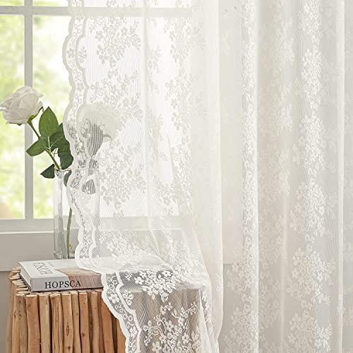 YJ YANJUN Beige Net Curtains 54 drop Sheer Lace Curtains for Bedroom Heavy Short Window Voile Rod Pocket Set of 2 52 W x 54 L Inch(132cm x 137cm),Light Beige