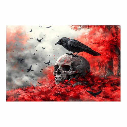 Toile Halloween rouge 70x100cm décor forêt crâne corbeau lune et citrouille