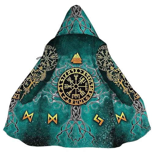 Norse Myth Nine Realms Winter Coats for Men Plus Size Viking Runes Fuzzy Soft Faux Cashmere Hooded Cloak, Parka Robe