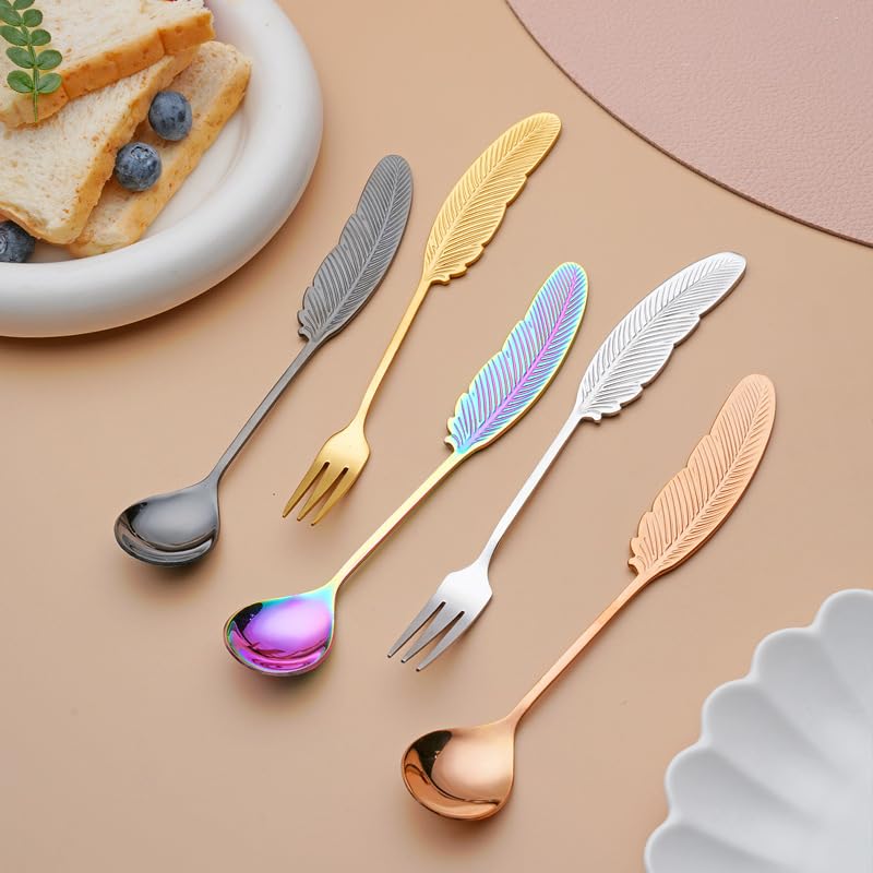 sdneNest Juego de cubiertos de 10/40/60/80/100/120 piezas de cucharas y tenedores de plumas de acero inoxidable 304, regalo creativo, cuchara pequeña, cuchara de café, cuchara de postre y arco iris