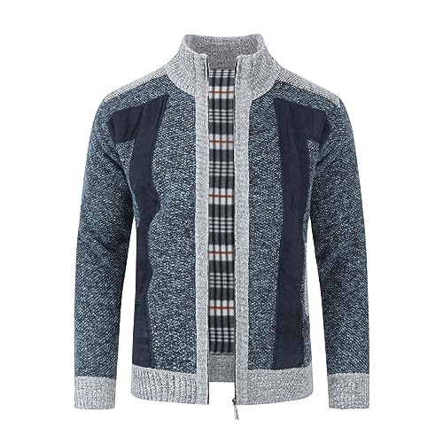 Allthemen Cardigan Homme à Col Montant Veste en Maille Pull épais Chaude Zipp Gilet en Hiver Bleu M